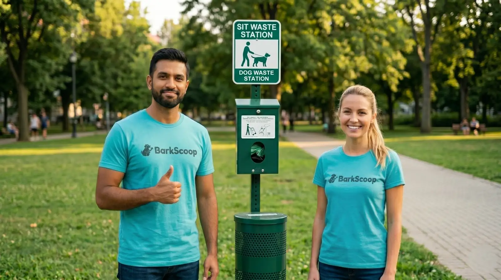 Two BarkScoop technicians beside an installed pet waste station in a Chicago park