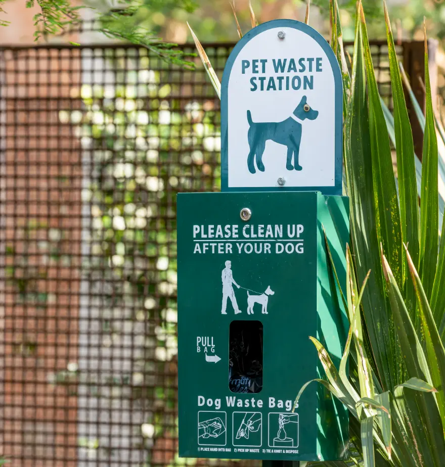 Installed pet waste station with bag dispenser on community grounds