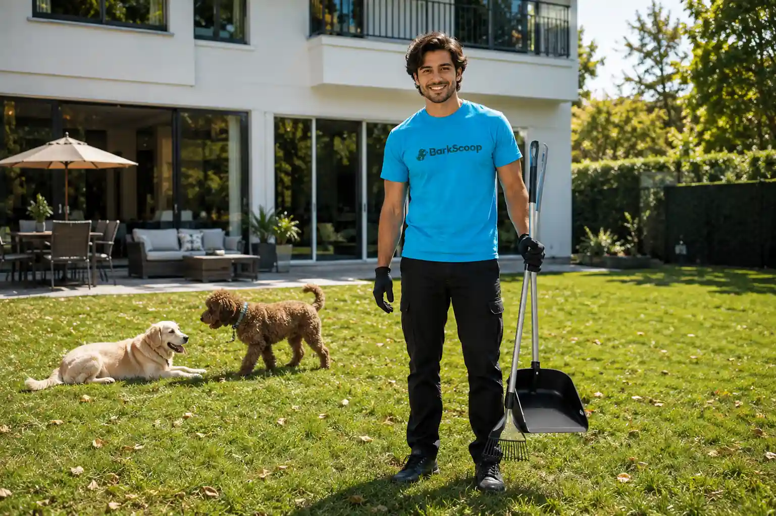 A smiling BarkScoop crew member holding scooping tools on the back lawn of a Barrington home while a golden retriever and a doodle relax nearby