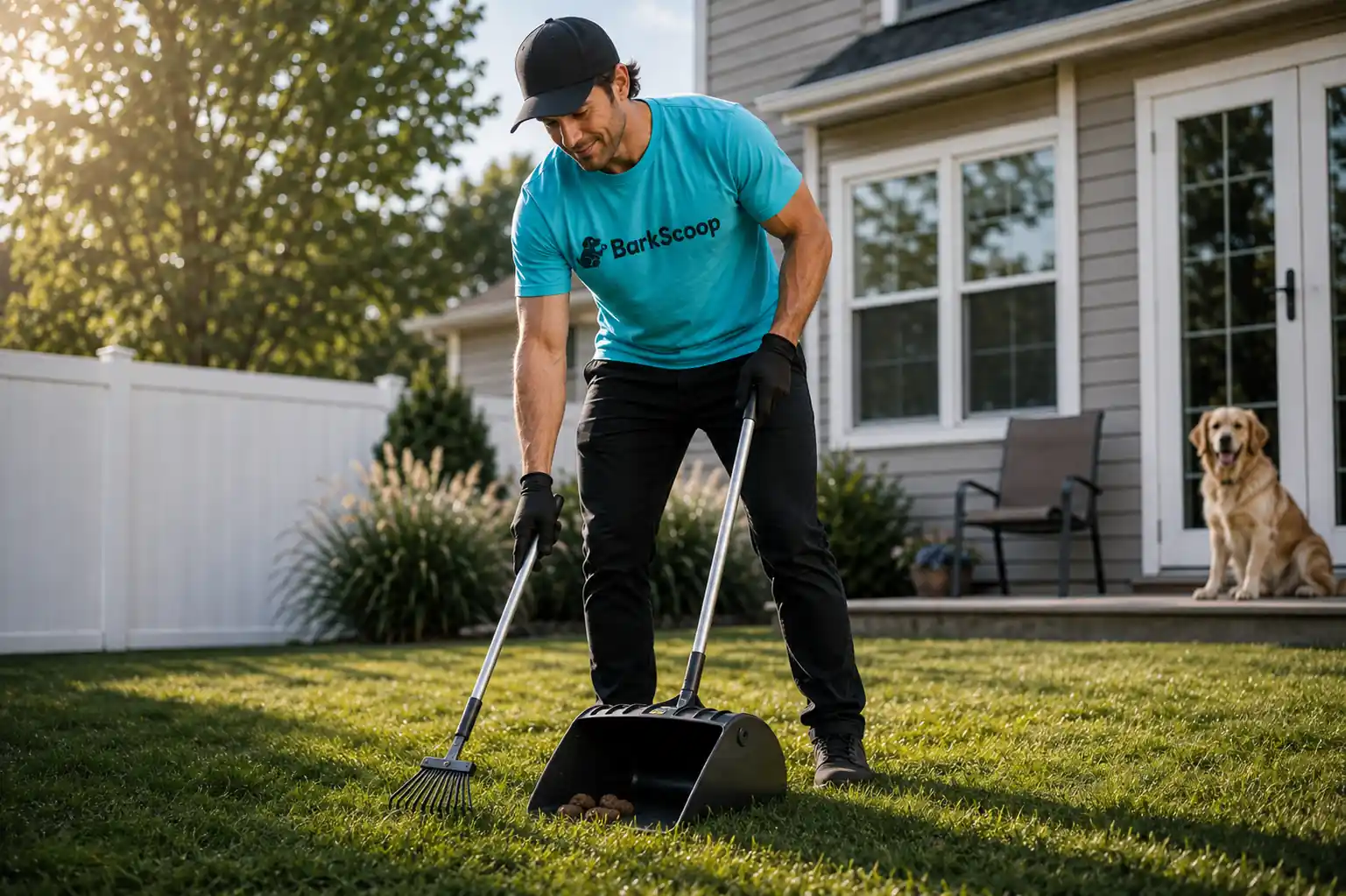 A BarkScoop crew member scooping a Long Grove back yard while a golden retriever watches from the patio