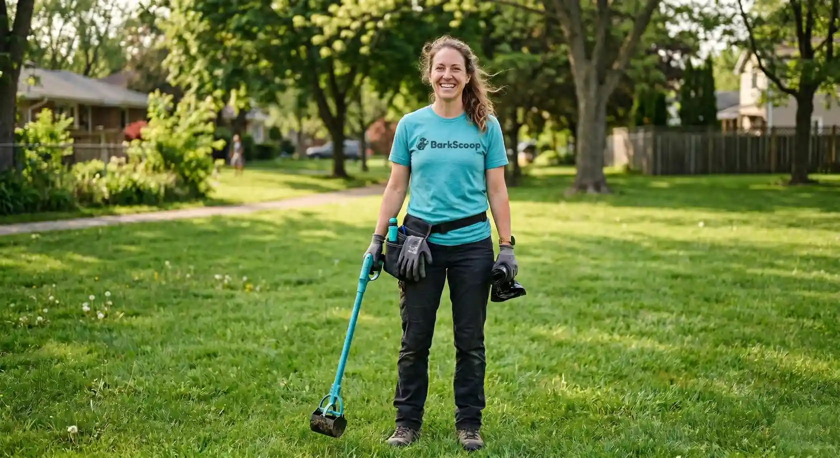 A BarkScoop technician scooping pet waste from a Chicago backyard