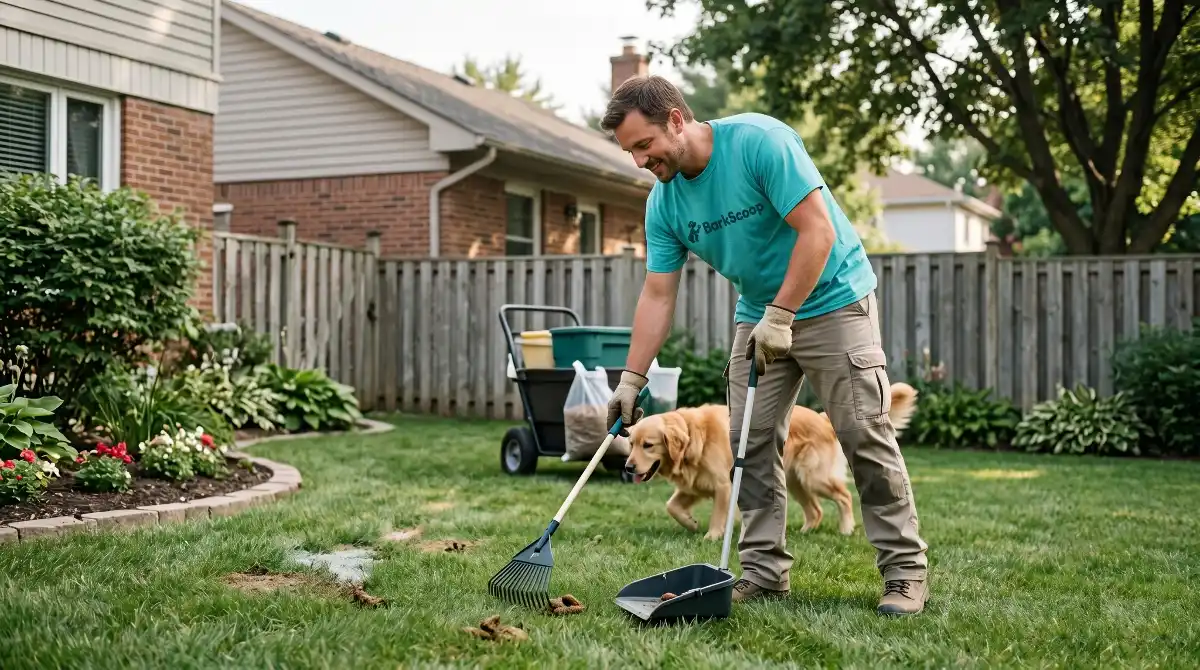 A BarkScoop technician scooping pet waste from a Chicago backyard